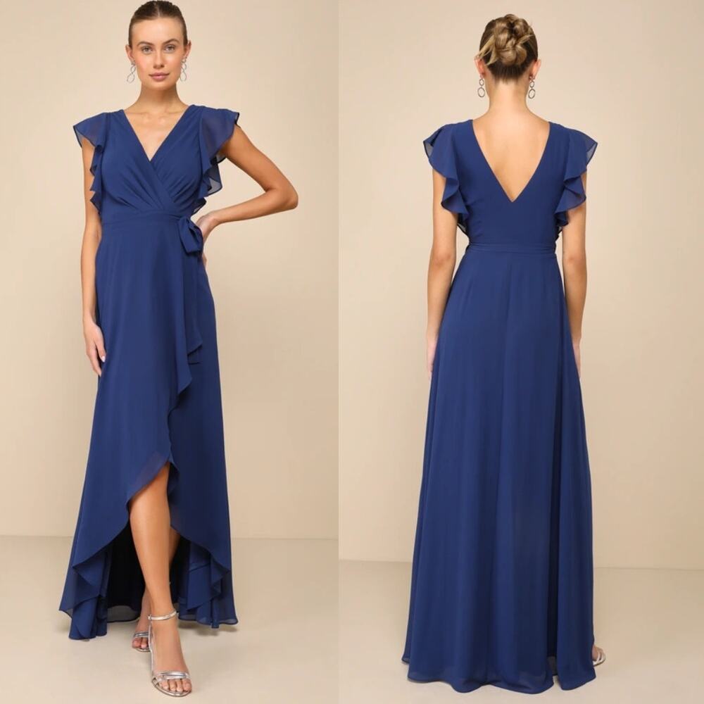 NWT Lulus Ravishing Charm Dark Blue Ruffled Wrap High-Low Maxi Dress Wedding M